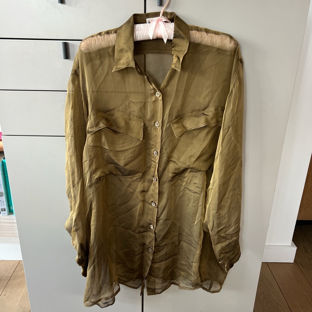 Alaia Sheer Olive Green Silk Button-Up Oversized Long Blouse Fits S-M